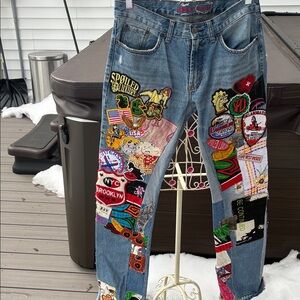 Bullhead Blue Patchwork Men Jeans 100% cotton size is 3234. The fit is skinny.